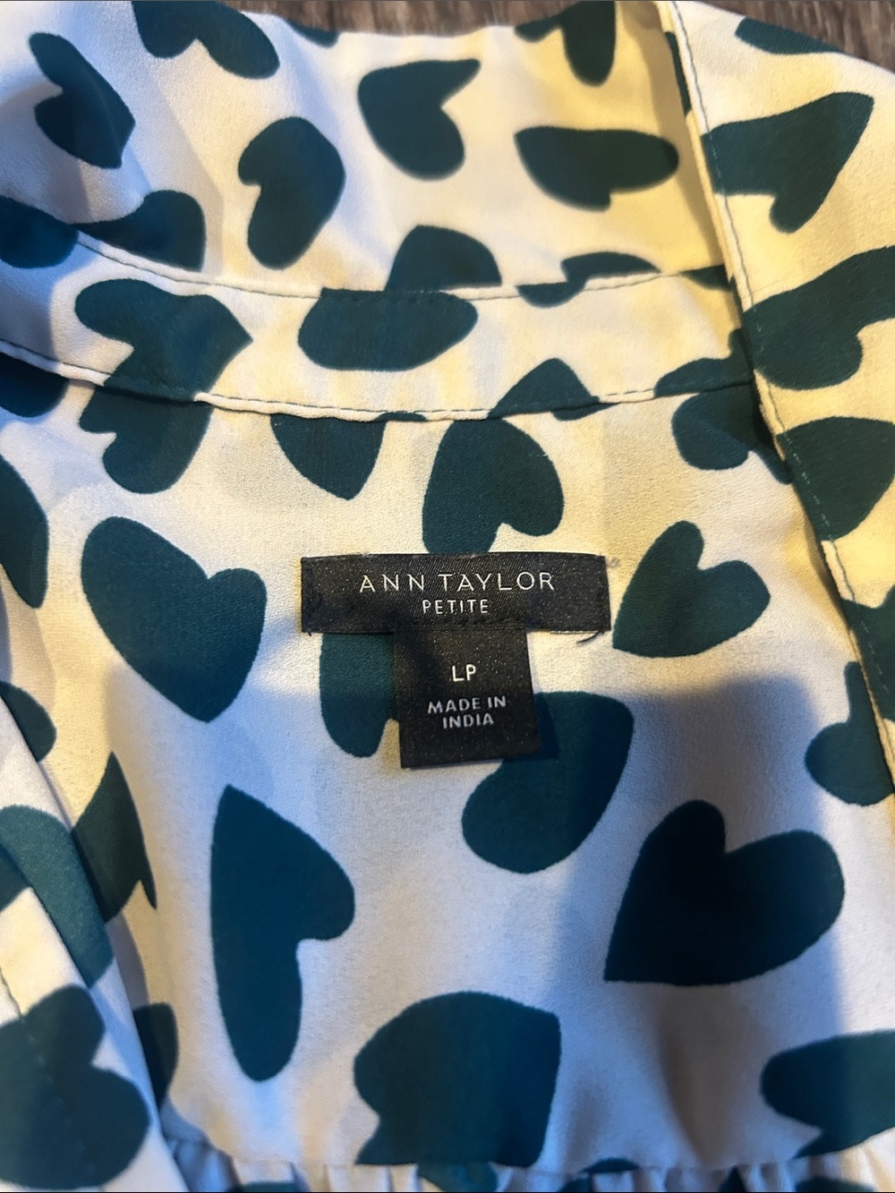 Ann Taylor Petite White Blouse with Dark Teal Heart Print - Picture 2 of 4